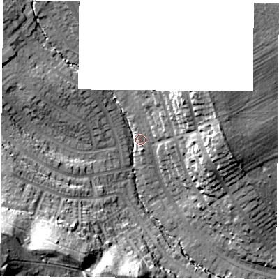 Shaded relief map of the ground around NG82PE, computed from Environment Agency LiDAR. The ground here sits at about 39 m above sea level and falls 36 m across the surrounding 800 m. Surface water reaching this point runs off ground lying to the north-east, 17.0 m higher.