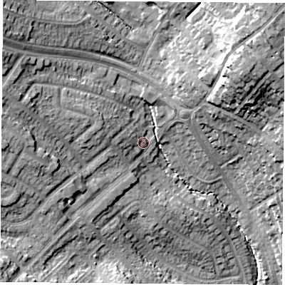 Shaded relief map of the ground around NG82QQ, computed from Environment Agency LiDAR. The ground here sits at about 46 m above sea level and falls 23 m across the surrounding 800 m. Surface water reaching this point runs off ground lying to the west-north-west, 11.1 m higher.