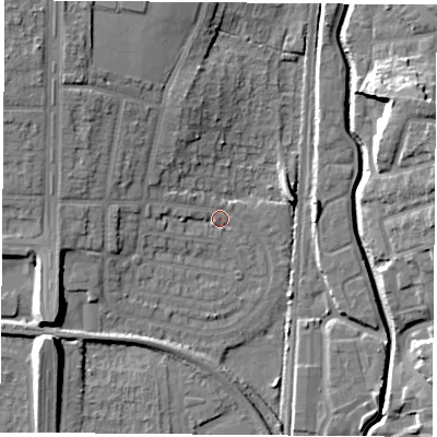 Shaded relief map of the ground around NG83PF, computed from Environment Agency LiDAR. The ground here sits at about 31 m above sea level and falls 14 m across the surrounding 800 m. Surface water reaching this point runs off ground lying to the north-west, 9.2 m higher.