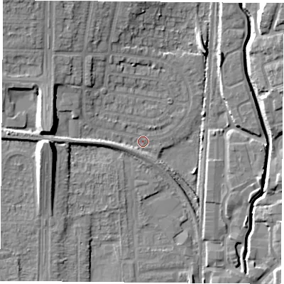Shaded relief map of the ground around NG83PL, computed from Environment Agency LiDAR. The ground here sits at about 30 m above sea level and falls 14 m across the surrounding 800 m. Surface water reaching this point runs off ground lying to the west, 10.4 m higher.