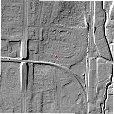 Shaded relief map of the ground around NG83PN, computed from Environment Agency LiDAR. The ground here sits at about 31 m above sea level and falls 13 m across the surrounding 800 m. Surface water reaching this point runs off ground lying to the west-north-west, 5.7 m higher.