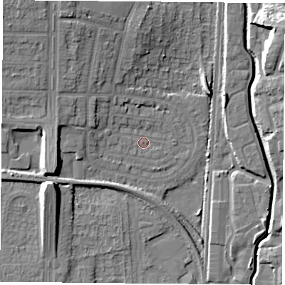 Shaded relief map of the ground around NG83PP, computed from Environment Agency LiDAR. The ground here sits at about 31 m above sea level and falls 14 m across the surrounding 800 m. Surface water reaching this point runs off ground lying to the west-south-west, 10.0 m higher.