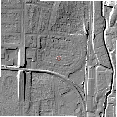 Shaded relief map of the ground around NG83PQ, computed from Environment Agency LiDAR. The ground here sits at about 31 m above sea level and falls 14 m across the surrounding 800 m. Surface water reaching this point runs off ground lying to the west-north-west, 2.8 m higher.