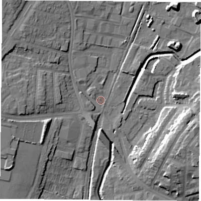 Shaded relief map of the ground around NG85AF, computed from Environment Agency LiDAR. The ground here sits at about 33 m above sea level and falls 17 m across the surrounding 800 m. Surface water reaching this point runs off ground lying to the west, 8.8 m higher.