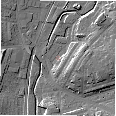 Shaded relief map of the ground around NG85AH, computed from Environment Agency LiDAR. The ground here sits at about 32 m above sea level and falls 19 m across the surrounding 800 m. Surface water reaching this point runs off ground lying to the south-south-east, 8.0 m higher.