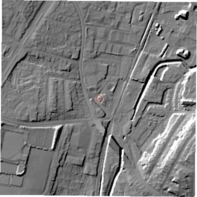 Shaded relief map of the ground around NG85AZ, computed from Environment Agency LiDAR. The ground here sits at about 34 m above sea level and falls 16 m across the surrounding 800 m. Surface water reaching this point runs off ground lying to the west, 9.3 m higher.