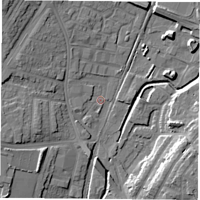 Shaded relief map of the ground around NG85BA, computed from Environment Agency LiDAR. The ground here sits at about 34 m above sea level and falls 17 m across the surrounding 800 m. Surface water reaching this point runs off ground lying to the north-north-west, 7.1 m higher.