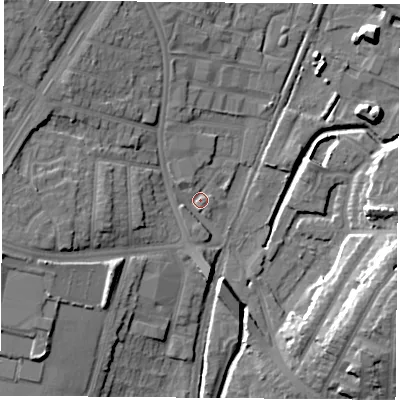 Shaded relief map of the ground around NG85BB, computed from Environment Agency LiDAR. The ground here sits at about 34 m above sea level and falls 16 m across the surrounding 800 m. Surface water reaching this point runs off ground lying to the west-south-west, 9.2 m higher.