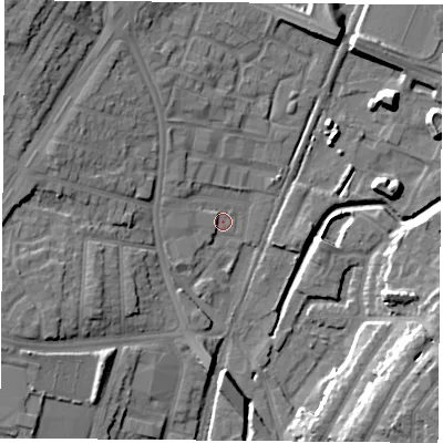 Shaded relief map of the ground around NG85BD, computed from Environment Agency LiDAR. The ground here sits at about 34 m above sea level and falls 16 m across the surrounding 800 m. Surface water reaching this point runs off ground lying to the west-north-west, 2.2 m higher.