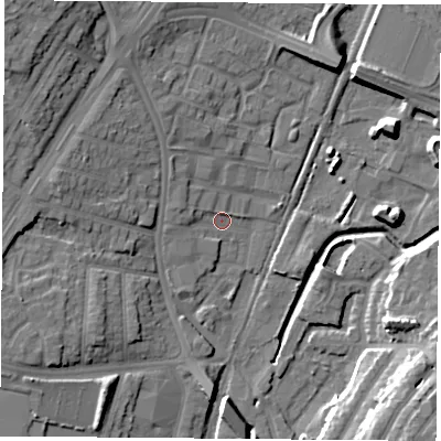 Shaded relief map of the ground around NG85BE, computed from Environment Agency LiDAR. The ground here sits at about 34 m above sea level and falls 16 m across the surrounding 800 m. Surface water reaching this point runs off ground lying to the west-north-west, 2.7 m higher.