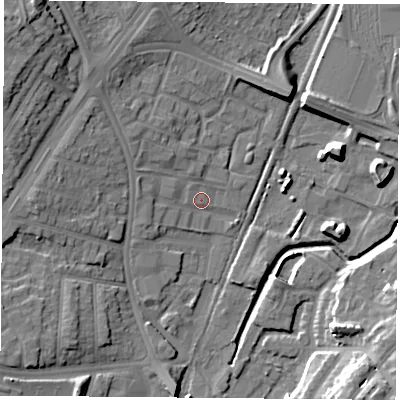 Shaded relief map of the ground around NG85BY, computed from Environment Agency LiDAR. The ground here sits at about 35 m above sea level and falls 17 m across the surrounding 800 m. Surface water reaching this point runs off ground lying to the north-west, 6.1 m higher.
