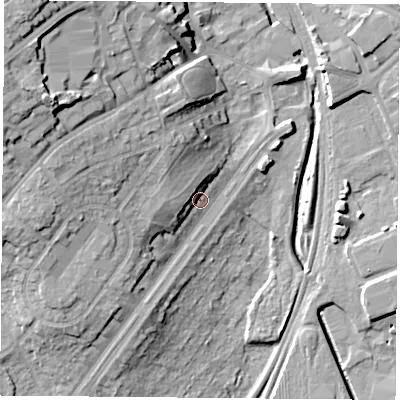 Shaded relief map of the ground around NG85FG, computed from Environment Agency LiDAR. The ground here sits at about 40 m above sea level and falls 24 m across the surrounding 800 m. Surface water reaching this point runs off ground lying to the west-north-west, 11.9 m higher.