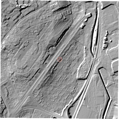 Shaded relief map of the ground around NG85FH, computed from Environment Agency LiDAR. The ground here sits at about 40 m above sea level and falls 24 m across the surrounding 800 m. Surface water reaching this point runs off ground lying to the south-west, 3.7 m higher.