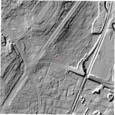 Shaded relief map of the ground around NG85FJ, computed from Environment Agency LiDAR. The ground here sits at about 38 m above sea level and falls 19 m across the surrounding 800 m. Surface water reaching this point runs off ground lying to the north, 7.2 m higher.