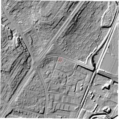 Shaded relief map of the ground around NG85FL, computed from Environment Agency LiDAR. The ground here sits at about 37 m above sea level and falls 17 m across the surrounding 800 m. Surface water reaching this point runs off ground lying to the north-north-west, 12.2 m higher.