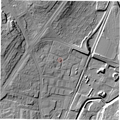 Shaded relief map of the ground around NG85FQ, computed from Environment Agency LiDAR. The ground here sits at about 36 m above sea level and falls 17 m across the surrounding 800 m. Surface water reaching this point runs off ground lying to the north-north-west, 11.7 m higher.