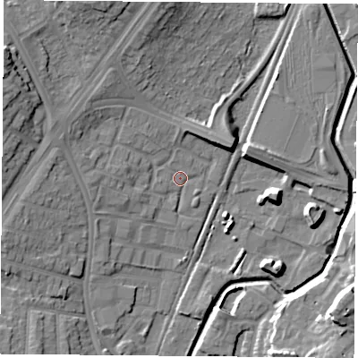 Shaded relief map of the ground around NG85FR, computed from Environment Agency LiDAR. The ground here sits at about 35 m above sea level and falls 17 m across the surrounding 800 m. Surface water reaching this point runs off ground lying to the north-north-west, 11.5 m higher.