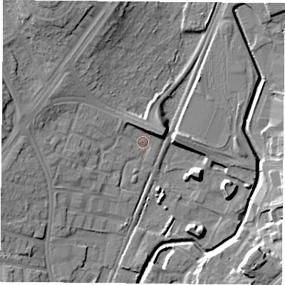 Shaded relief map of the ground around NG85FS, computed from Environment Agency LiDAR. The ground here sits at about 35 m above sea level and falls 16 m across the surrounding 800 m. Surface water reaching this point runs off ground lying to the east-north-east, 6.0 m higher.