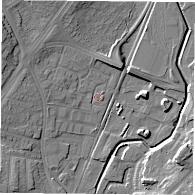 Shaded relief map of the ground around NG85HF, computed from Environment Agency LiDAR. The ground here sits at about 34 m above sea level and falls 17 m across the surrounding 800 m. Surface water reaching this point runs off ground lying to the north-north-west, 9.2 m higher.