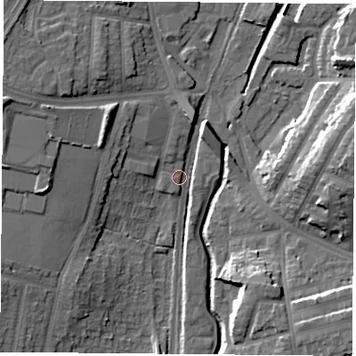 Shaded relief map of the ground around NG85SQ, computed from Environment Agency LiDAR. The ground here sits at about 33 m above sea level and falls 17 m across the surrounding 800 m. Surface water reaching this point runs off ground lying to the north-north-west, 2.7 m higher.