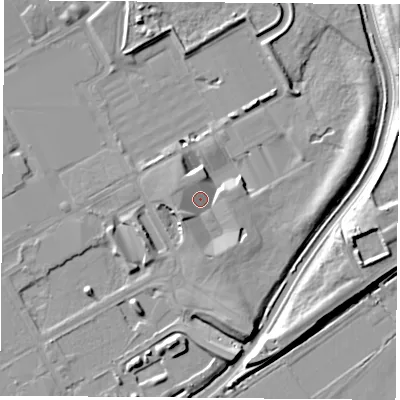 Shaded relief map of the ground around NG901BS, computed from Environment Agency LiDAR. The ground here sits at about 26 m above sea level and falls 13 m across the surrounding 800 m. Surface water reaching this point runs off ground lying to the south-west, 4.2 m higher.