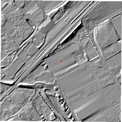Shaded relief map of the ground around NG902DB, computed from Environment Agency LiDAR. The ground here sits at about 26 m above sea level and falls 9 m across the surrounding 800 m. Surface water reaching this point runs off ground lying to the west-south-west, 8.2 m higher.