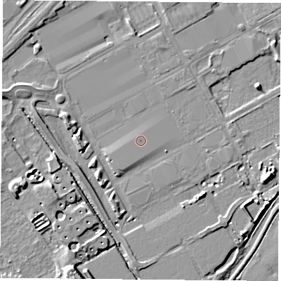 Shaded relief map of the ground around NG902PR, computed from Environment Agency LiDAR. The ground here sits at about 26 m above sea level and falls 10 m across the surrounding 800 m. Surface water reaching this point runs off ground lying to the south-west, 0.7 m higher.