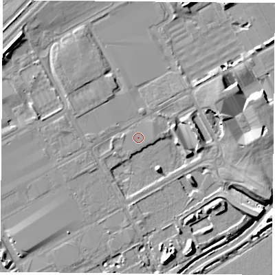 Shaded relief map of the ground around NG904FS, computed from Environment Agency LiDAR. The ground here sits at about 26 m above sea level and falls 10 m across the surrounding 800 m. The ground contributing surface water to this point lies to the south.