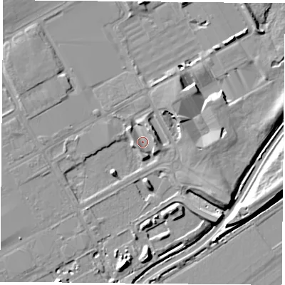 Shaded relief map of the ground around NG904HQ, computed from Environment Agency LiDAR. The ground here sits at about 25 m above sea level and falls 10 m across the surrounding 800 m. Surface water reaching this point runs off ground lying to the south-east, 4.9 m higher.