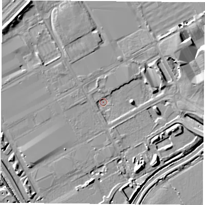 Shaded relief map of the ground around NG904RU, computed from Environment Agency LiDAR. The ground here sits at about 25 m above sea level and falls 10 m across the surrounding 800 m. Surface water reaching this point runs off ground lying to the south-south-east, 8.3 m higher.