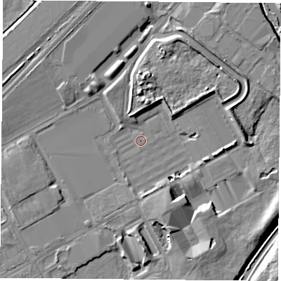 Shaded relief map of the ground around NG904XY, computed from Environment Agency LiDAR. The ground here sits at about 25 m above sea level and falls 8 m across the surrounding 800 m. Surface water reaching this point runs off ground lying to the south-south-east, 6.7 m higher.