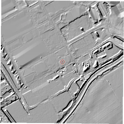 Shaded relief map of the ground around NG905PY, computed from Environment Agency LiDAR. The ground here sits at about 26 m above sea level and falls 10 m across the surrounding 800 m. The ground contributing surface water to this point lies to the west-north-west.