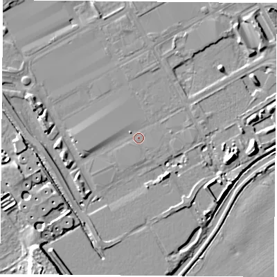 Shaded relief map of the ground around NG905UN, computed from Environment Agency LiDAR. The ground here sits at about 26 m above sea level and falls 10 m across the surrounding 800 m. Surface water reaching this point runs off ground lying to the north-west, 1.3 m higher.