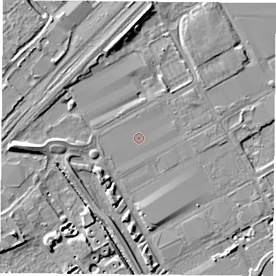 Shaded relief map of the ground around NG906BH, computed from Environment Agency LiDAR. The ground here sits at about 26 m above sea level and falls 9 m across the surrounding 800 m. The ground contributing surface water to this point lies to the east-north-east.