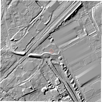 Shaded relief map of the ground around NG91BG, computed from Environment Agency LiDAR. The ground here sits at about 26 m above sea level and falls 9 m across the surrounding 800 m. Surface water reaching this point runs off ground lying to the west-south-west, 2.1 m higher.