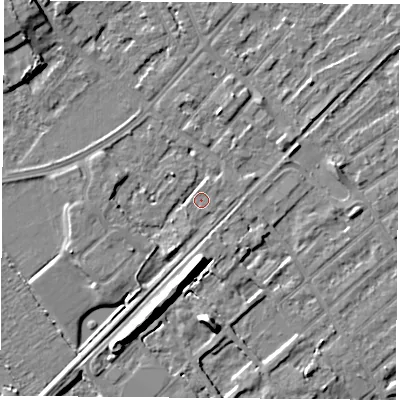 Shaded relief map of the ground around NG91FU, computed from Environment Agency LiDAR. The ground here sits at about 27 m above sea level and falls 10 m across the surrounding 800 m. Surface water reaching this point runs off ground lying to the west, 2.8 m higher.