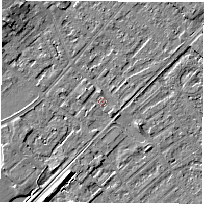 Shaded relief map of the ground around NG91GD, computed from Environment Agency LiDAR. The ground here sits at about 27 m above sea level and falls 10 m across the surrounding 800 m. Surface water reaching this point runs off ground lying to the west-south-west, 0.8 m higher.