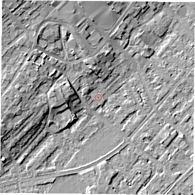 Shaded relief map of the ground around NG91GG, computed from Environment Agency LiDAR. The ground here sits at about 27 m above sea level and falls 11 m across the surrounding 800 m. Surface water reaching this point runs off ground lying to the north-west, 3.0 m higher.