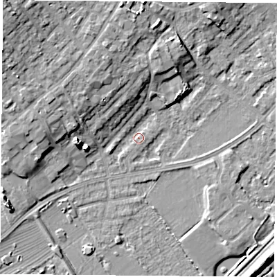 Shaded relief map of the ground around NG91GQ, computed from Environment Agency LiDAR. The ground here sits at about 27 m above sea level and falls 13 m across the surrounding 800 m. Surface water reaching this point runs off ground lying to the north-north-west, 7.5 m higher.
