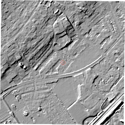 Shaded relief map of the ground around NG91GR, computed from Environment Agency LiDAR. The ground here sits at about 27 m above sea level and falls 11 m across the surrounding 800 m. Surface water reaching this point runs off ground lying to the west, 1.2 m higher.