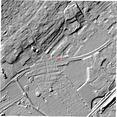 Shaded relief map of the ground around NG91GS, computed from Environment Agency LiDAR. The ground here sits at about 27 m above sea level and falls 11 m across the surrounding 800 m. Surface water reaching this point runs off ground lying to the south-west, 0.6 m higher.
