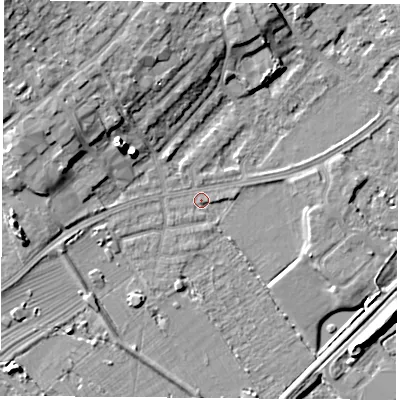 Shaded relief map of the ground around NG91GT, computed from Environment Agency LiDAR. The ground here sits at about 27 m above sea level and falls 11 m across the surrounding 800 m. Surface water reaching this point runs off ground lying to the north-west, 8.5 m higher.