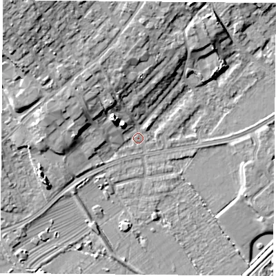 Shaded relief map of the ground around NG91GU, computed from Environment Agency LiDAR. The ground here sits at about 27 m above sea level and falls 13 m across the surrounding 800 m. Surface water reaching this point runs off ground lying to the north, 7.0 m higher.