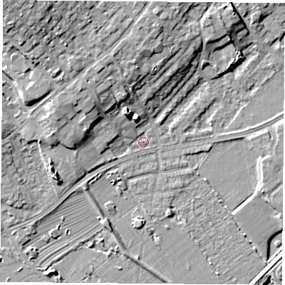 Shaded relief map of the ground around NG91GW, computed from Environment Agency LiDAR. The ground here sits at about 27 m above sea level and falls 12 m across the surrounding 800 m. Surface water reaching this point runs off ground lying to the north-west, 5.9 m higher.