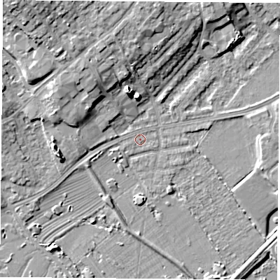 Shaded relief map of the ground around NG91GX, computed from Environment Agency LiDAR. The ground here sits at about 27 m above sea level and falls 12 m across the surrounding 800 m. Surface water reaching this point runs off ground lying to the west, 4.9 m higher.