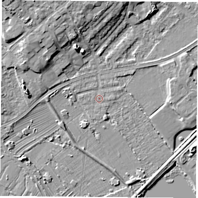 Shaded relief map of the ground around NG91GY, computed from Environment Agency LiDAR. The ground here sits at about 27 m above sea level and falls 10 m across the surrounding 800 m. Surface water reaching this point runs off ground lying to the west, 1.5 m higher.