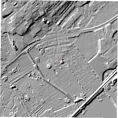 Shaded relief map of the ground around NG91HA, computed from Environment Agency LiDAR. The ground here sits at about 27 m above sea level and falls 10 m across the surrounding 800 m. Surface water reaching this point runs off ground lying to the south-east, 1.7 m higher.