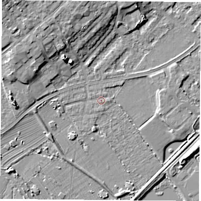 Shaded relief map of the ground around NG91HB, computed from Environment Agency LiDAR. The ground here sits at about 27 m above sea level and falls 11 m across the surrounding 800 m. Surface water reaching this point runs off ground lying to the west, 3.2 m higher.
