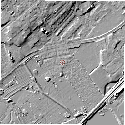 Shaded relief map of the ground around NG91HD, computed from Environment Agency LiDAR. The ground here sits at about 27 m above sea level and falls 10 m across the surrounding 800 m. Surface water reaching this point runs off ground lying to the west, 3.2 m higher.