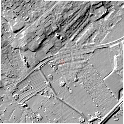 Shaded relief map of the ground around NG91HE, computed from Environment Agency LiDAR. The ground here sits at about 27 m above sea level and falls 11 m across the surrounding 800 m. Surface water reaching this point runs off ground lying to the west, 1.3 m higher.